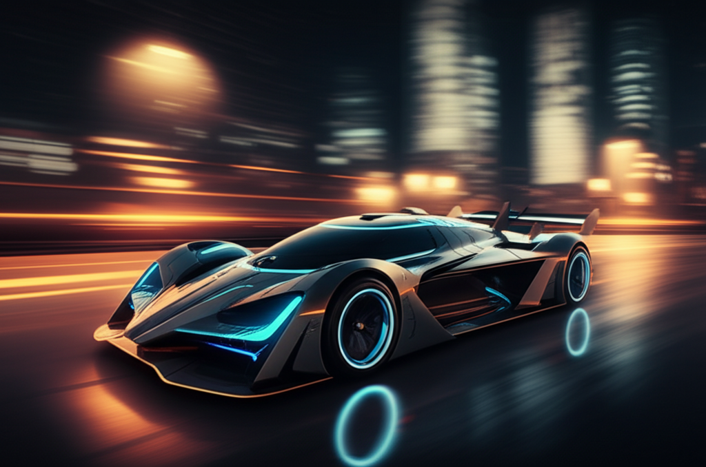 AI-controlled racing car with digital consciousness visualization