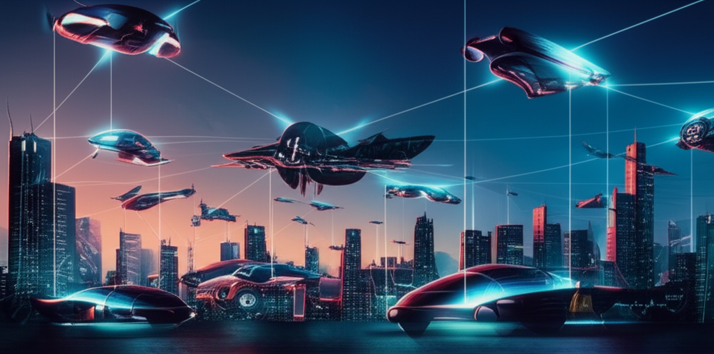 Network of vehicles connected by glowing consciousness streams with shared mental interfaces