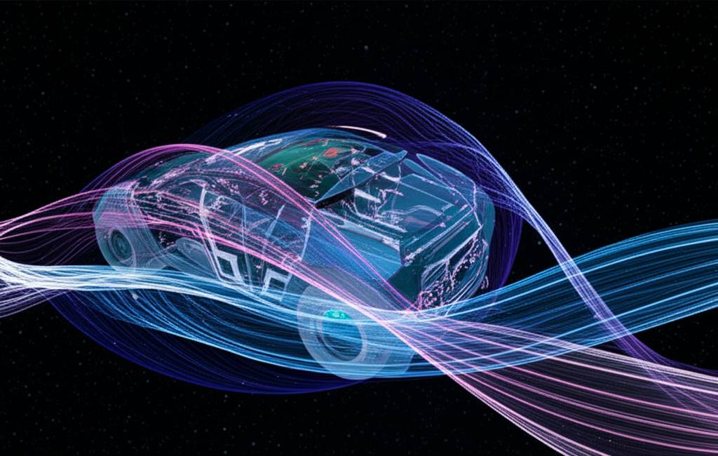 Vehicle surrounded by visible sound waves and cosmic frequency patterns