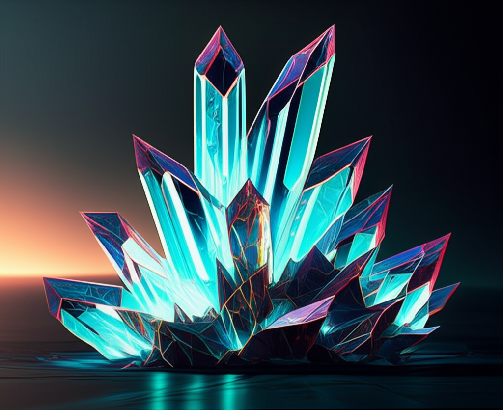 Magnificent vehicle formed from glowing crystal structures with energy flowing through geometric patterns