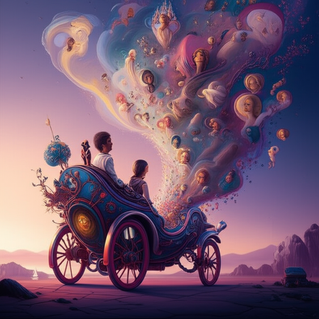 Ethereal vehicle surrounded by dream imagery and flowing subconscious energy patterns