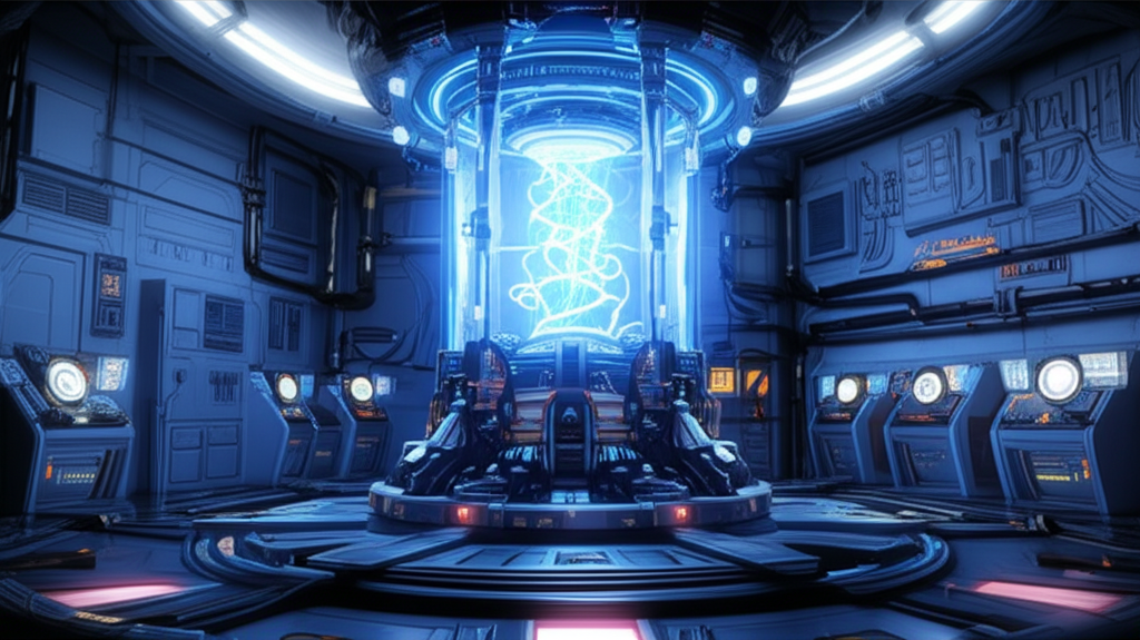 Antimatter engine with brilliant blue energy core in high-tech laboratory
