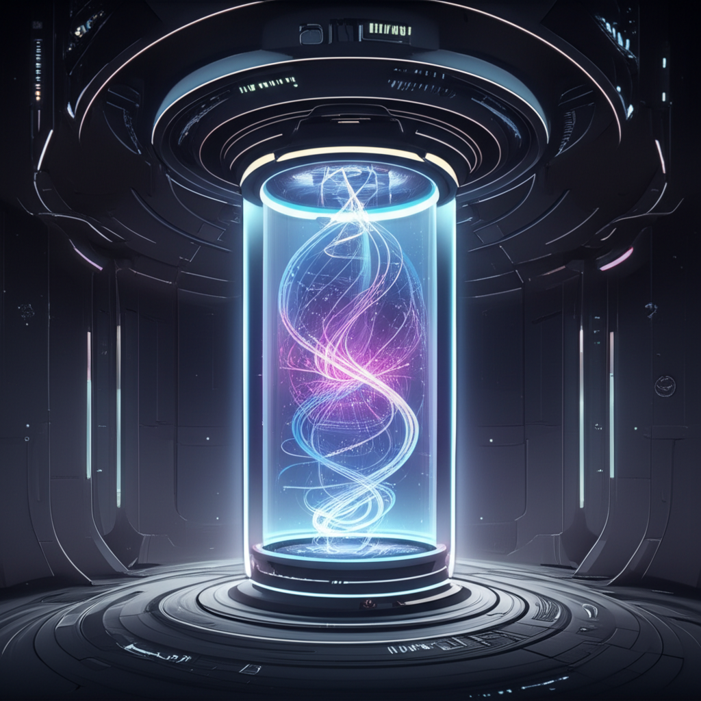 Consciousness transfer pod with swirling energy patterns and digital soul streams