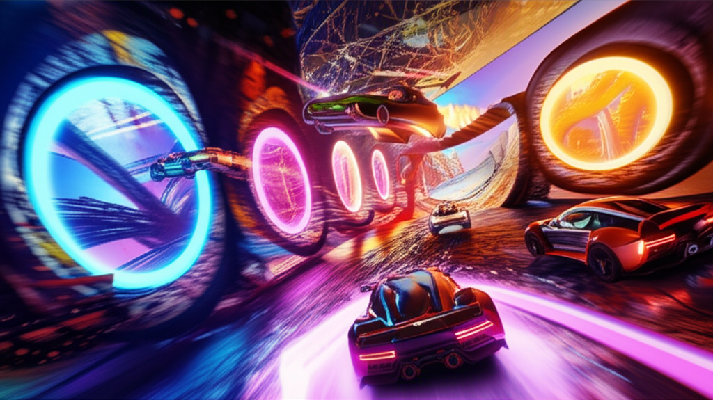 Racing cars jumping through dimensional portals with reality-bending effects