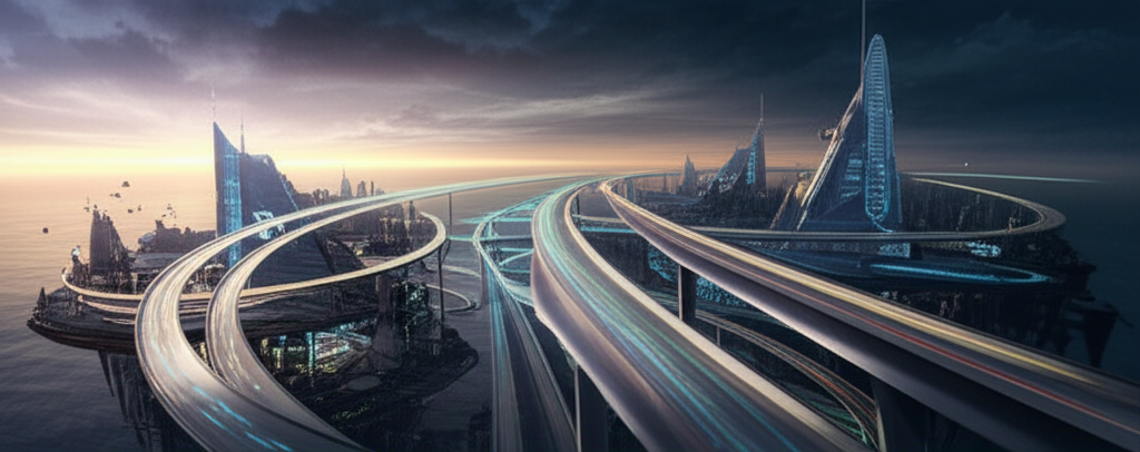 Aerial highways connecting floating cities with holographic traffic systems