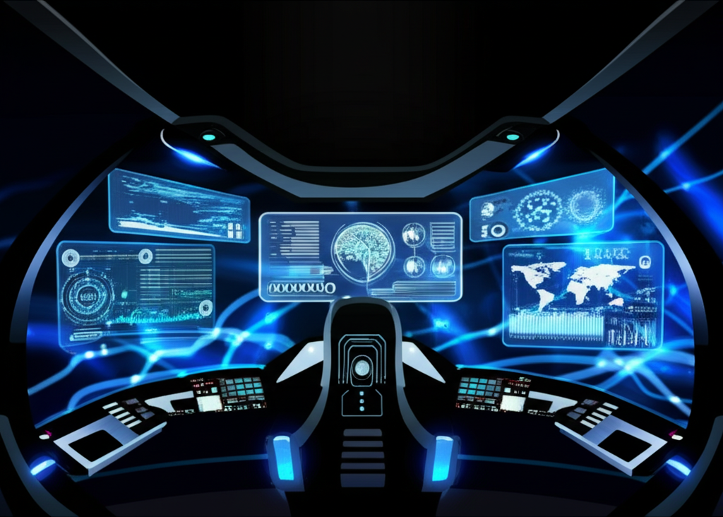 Advanced neural interface cockpit with holographic displays and brain-computer connection