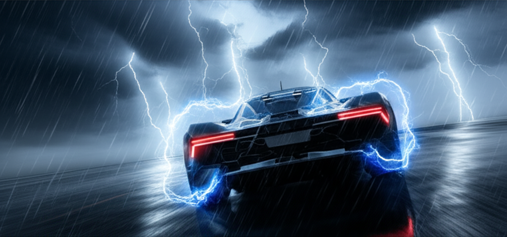Quantum-powered hypercar racing through lightning storm with energy trails