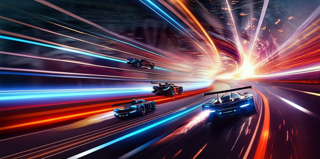 Time-warping racing scene with multiple temporal dimensions visible