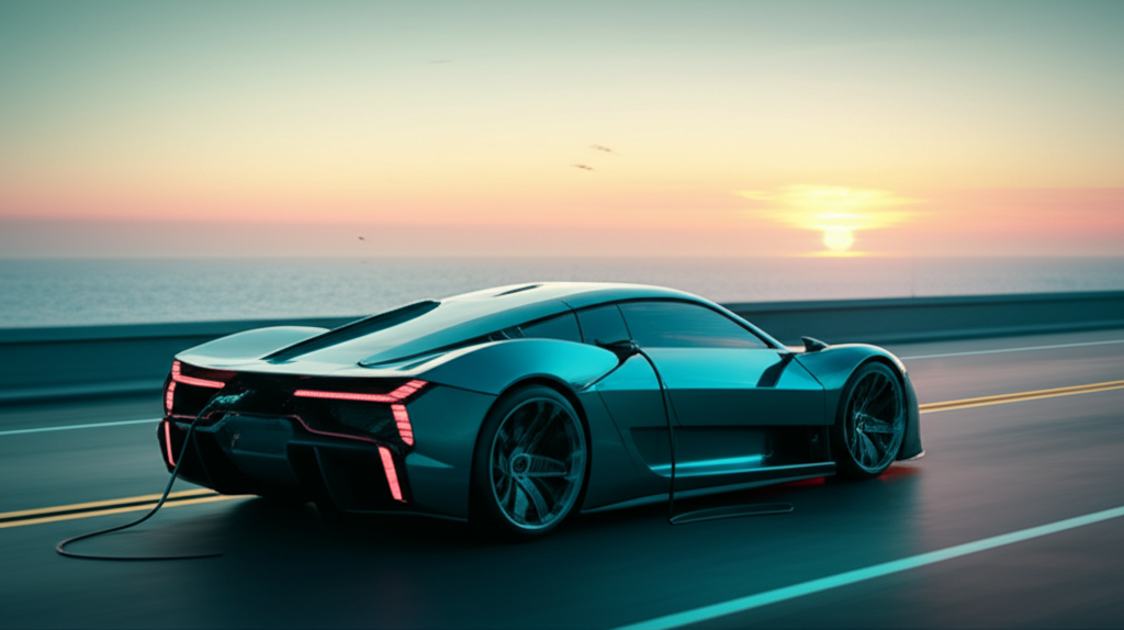 Hypercar charging at sunset