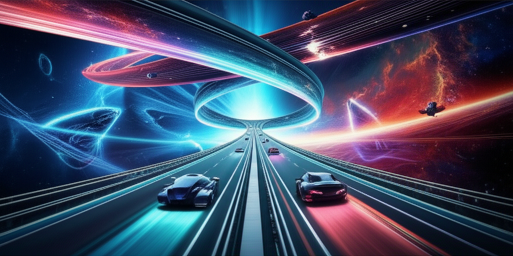 Highway stretching through multiple dimensional planes with vehicles traveling between realities