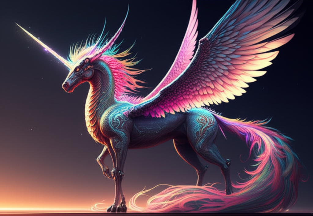 Majestic vehicle combining dragon, phoenix, and unicorn characteristics with glowing mystical energy