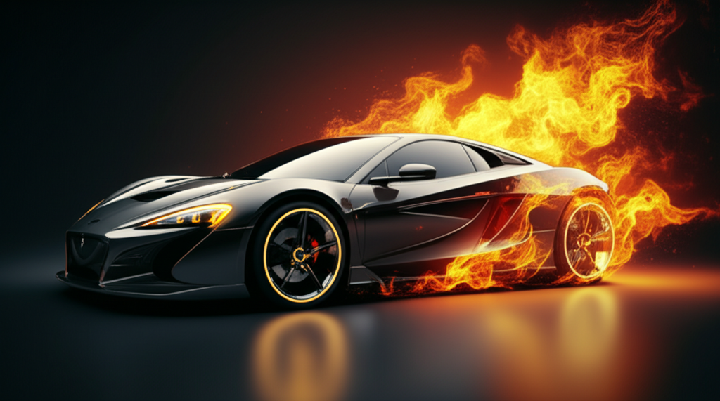 Vehicle emerging from flames and debris, reconstructing itself with glowing nanobots