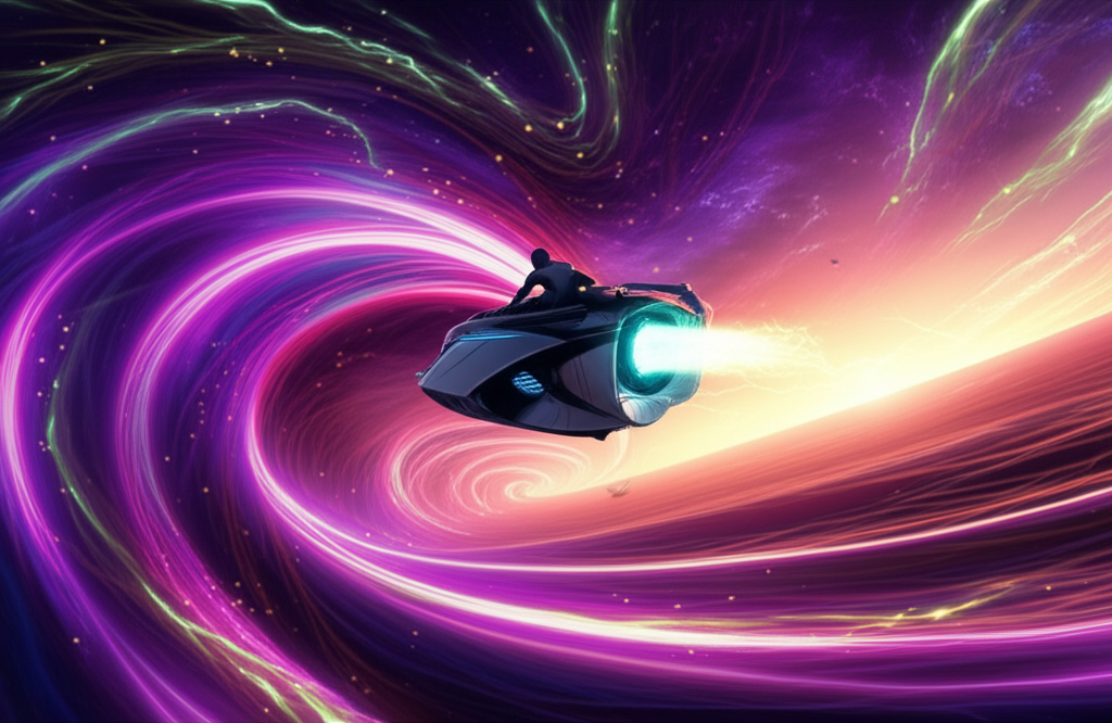 Sleek vehicle riding massive plasma waves through a stellar storm with aurora-like energy trails