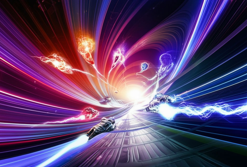 Ethereal racing vehicles made of pure consciousness and quantum energy