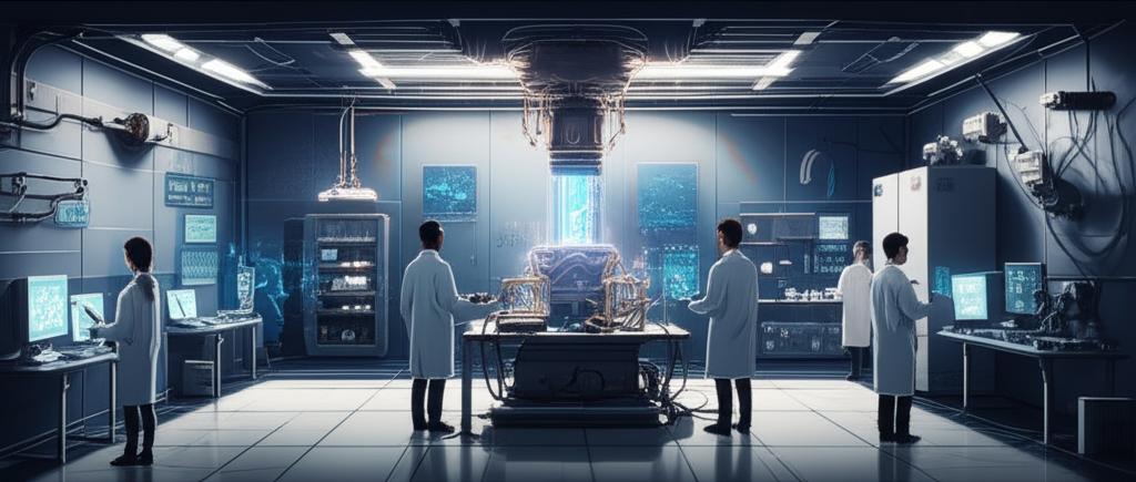 Quantum engine laboratory with glowing quantum chambers