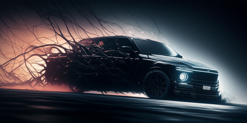 Vehicle partially phased into dark shadow dimension with ethereal energy trails