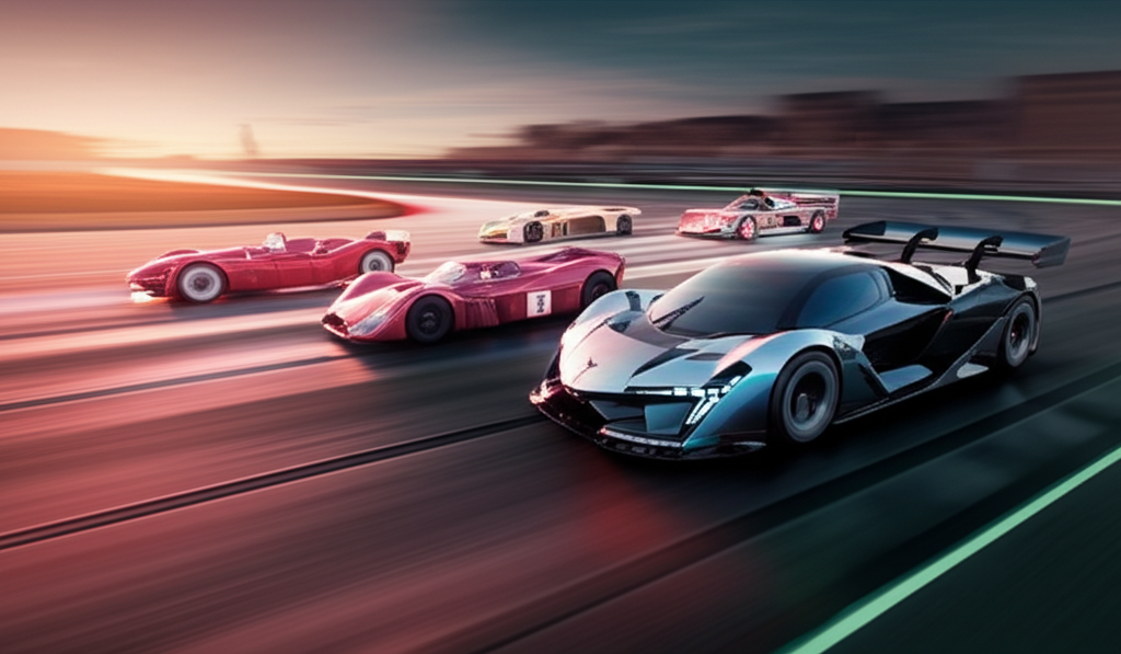 Multiple versions of the same racing car from different time periods competing on a temporal track