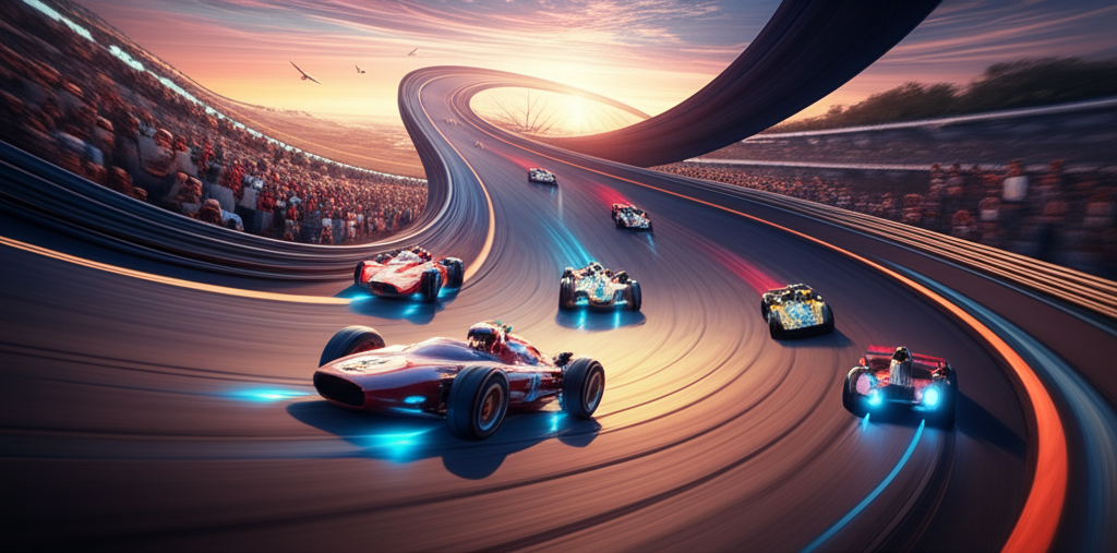 Racing circuit existing in a temporal loop with multiple versions of the same race occurring simultaneously